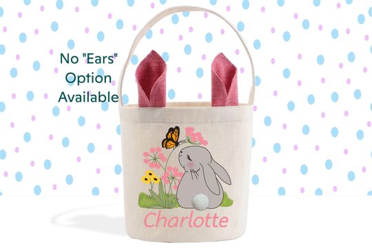Personalized Easter Basket, Kids Easter Gift, Cute Easter Bunny Pom Pom Tail, Pink Bunny Ears