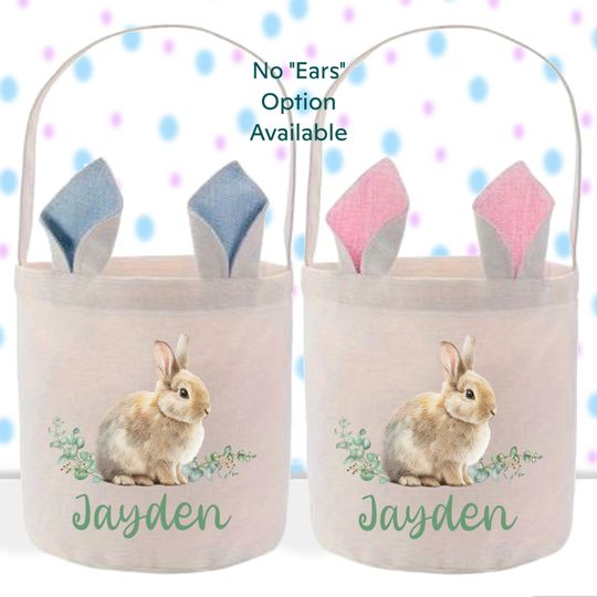 Personalized Easter Basket with Vintage Bunny Print, Kids Easter Bunny Bag, Customized Gift Basket