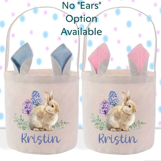 Personalized Easter Basket with Vintage Bunny Print, Kids Easter Bunny Bag, Easter Egg Hunt