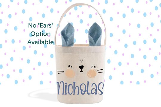 Discover Personalized Easter Basket With Cute Face, Easter Gift Basket, Custom Easter Basket, Blue Ears Easter Bunny Bag, Linen Basket Gift for Boy