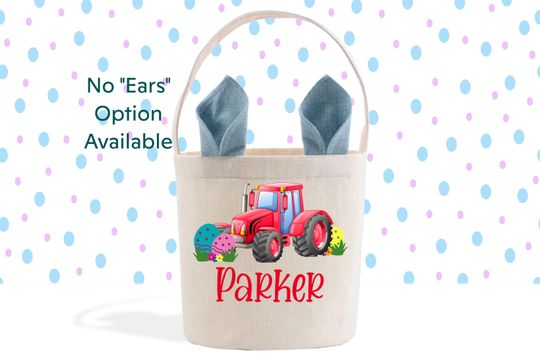 Red Tractor, Boy's Easter Basket, Blue Bunny Ears, Gift Basket, Custom Easter Pail, Personalized Easter Bunny Bag