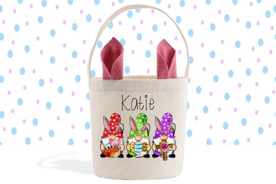 Personalized Easter Basket, Bunny Gnome Easter Bag, Custom Name Tote, Kids Egg Hunt Basket