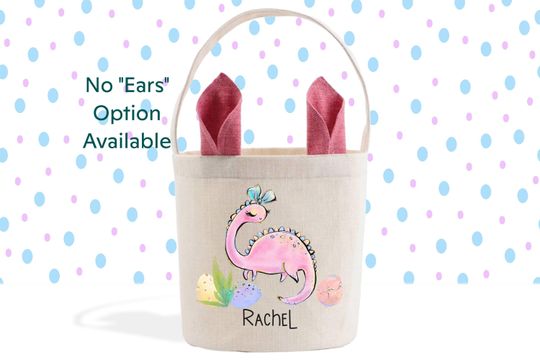 Pink Dinosaur Personalized Easter Basket, Easter Pail, Cute Bunny Ears Easter Gift Basket