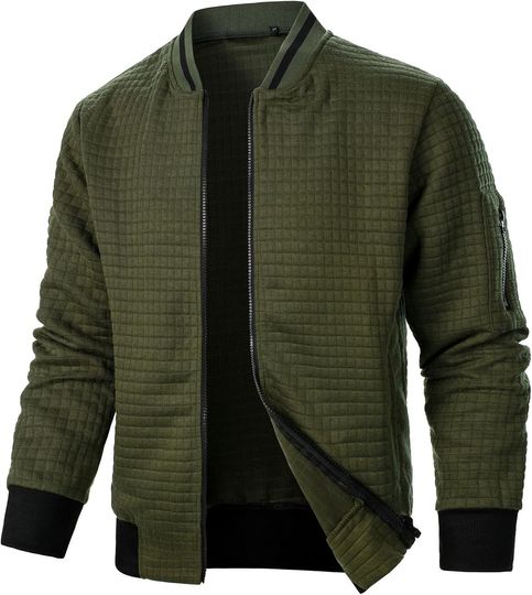Mens Lightweight Bomber Jacket Casual Waffle Bomber Jackets Varsity Coat Full Zip Jackets for Men