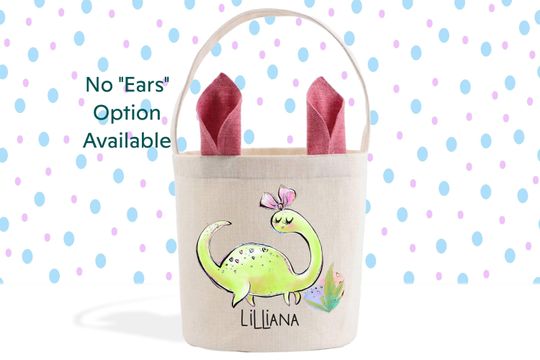 Discover Green Dinosaur Personalized Easter Basket, Easter Pail, Cute Bunny Ears Easter Gift Basket, Dino Easter Egg Hunt, Custom Dinosaur Lover Gift