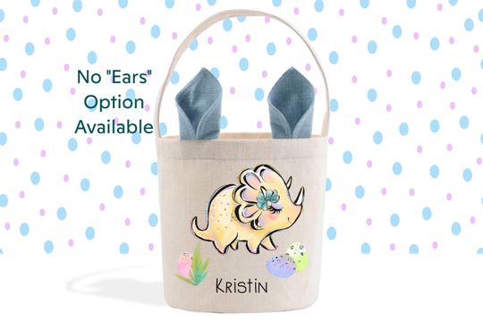 Yellow Dinosaur Personalized Easter Basket, Easter Pail, Cute Bunny Ears Easter Gift Basket