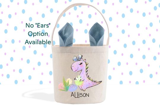 Girl Dinosaur Personalized Easter Basket, Easter Pail, Cute Bunny Ears Easter Gift Basket