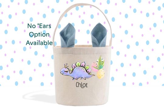 Purple Dinosaur Personalized Easter Basket, Easter Pail, Cute Bunny Ears Easter Gift Basket