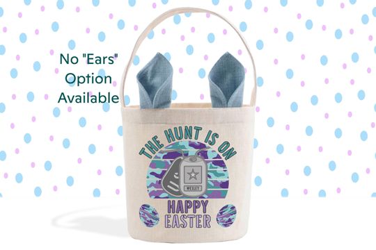 The Hunt Is On Personalized Dog Tags Camouflage Easter Basket, Camo Easter Pail, Bunny Ears Easter Gift