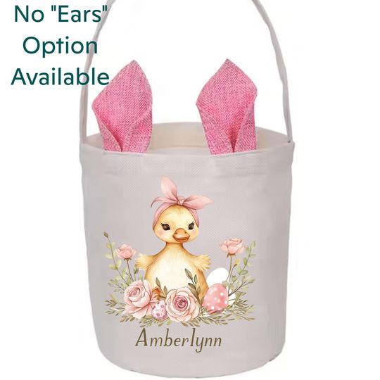 Personaliced Duck Easter Basket, Customized Egg Hunt Bag, Custom Bunny Ear Tote, Floral Easter Gift