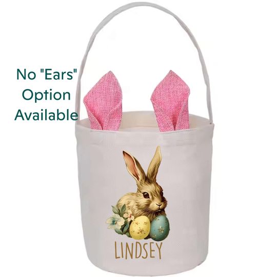 Personalized Easter Basket, Vintage Bunny Easter Tote, Custom Name Egg Hunt Bag, Kids Easter Gift