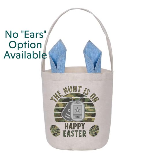 Discover Military Easter Basket for Kids, Personalized Bunny Ear Tote with Dog Tags, Camouflage Egg Hunt Bag, The Hunt Is On Camo Easter Gift Basket