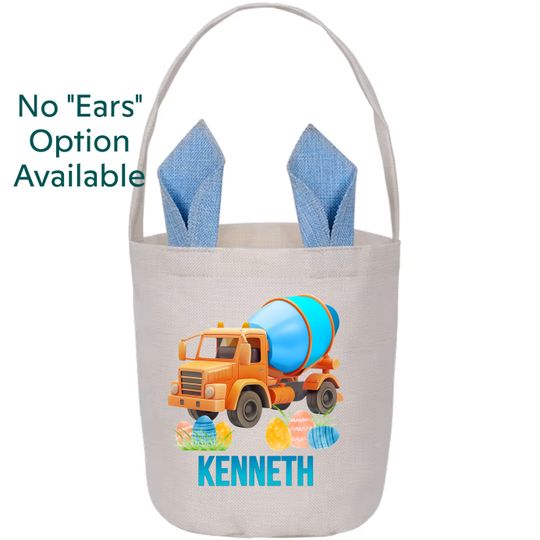 Concrete Truck Easter Basket, Personalized Cement Truck Tote with Name, Toddler Boys Easter Bag with Bunny Ears