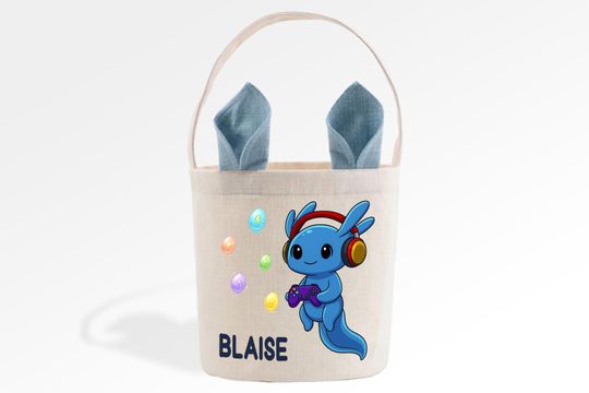 Gamer Axolotl Easter Basket, Custom Name Canvas Basket for Kids, Reusable Easter Gift Bucket