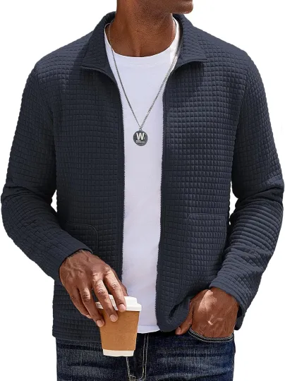 Men's Lightweight Waffle Bomber Jacket Full Zip Casual Varsity Style Coat Pocket