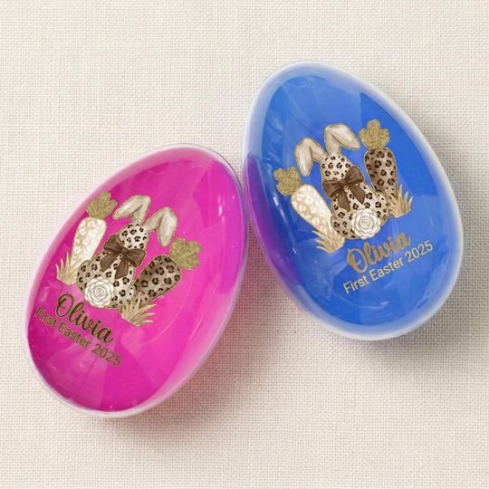 Personalized First Easter Fillable Egg: Pink or Blue Plastic, Leopard Print Bunny Design