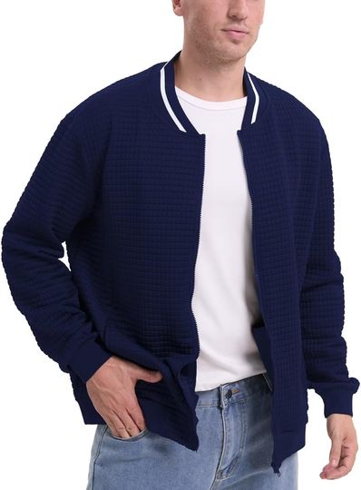 Men's Lightweight Jackets Full Zip Up Varsity Baseball Jacket Casual Waffle Letterman Bomber Jacket with Zip Pockets