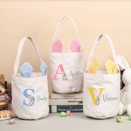 Discover Custom Initials Name Easter Basket Personalized Gifts for Kids, for Girls Boys, Name Tag Bunny Rabbit Ears Design Bag Party Bag