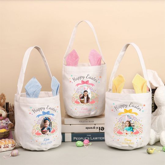 Personalized Easter Basket, Custom Kids Photo Easter Bag, Kids Bunny Basket, Picture Bags, Easter Gift for Kids, Easter Egg Hunt