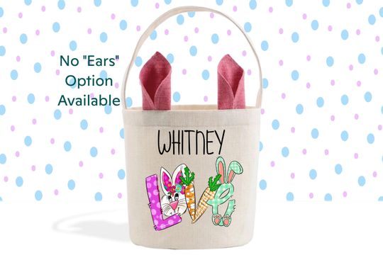 Easter Bunny Love Custom Name Basket, Personalized Easter Kids Basket, Bunny Ears Bucket Bag, Easter Decor Gift Bag