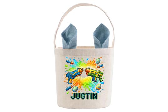 Foam Blaster Easter Basket with Bunny Ears Linen Bucket Bag for Kids, Personalized Easter Egg Hunt Tote