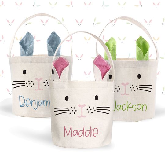 Discover kids easter basket | bunny ears pink nose easter basket | pink blue or green bunny ears custom gift easter bunny bag personalized with name