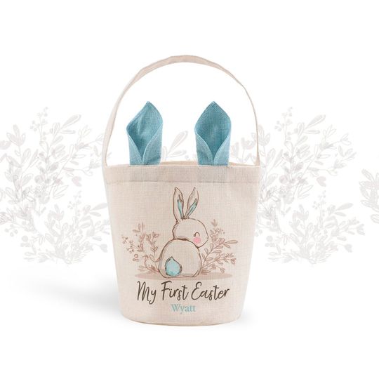 Boy Blue Bunny Ears Easter Basket with Personalized Name
