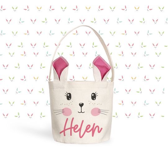 Pink Bunny Ears Easter Basket with Open Eyes, Personalized Bag