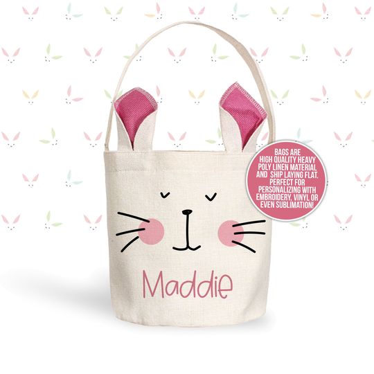 Kids Easter Basket with Bunny Ears and Personalized Name, Pink/Blue/Green Bunny Ears Bunny Bag