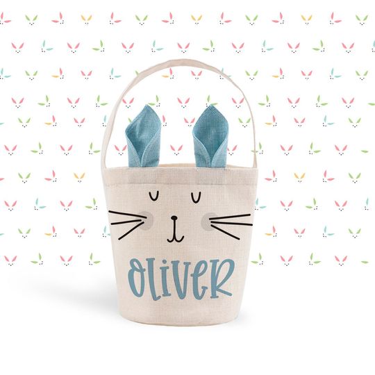 Boy's Easter Bunny Ears Basket, Blue Linen, Personalized Easter Bunny Bag