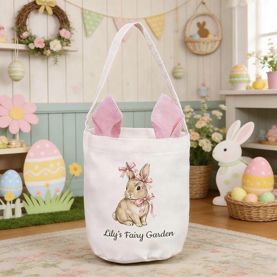 Personalized Easter Basket with Bunny Ears, Custom Easter Bunny Bag for Kids, Monogrammed Egg Hunt Tote