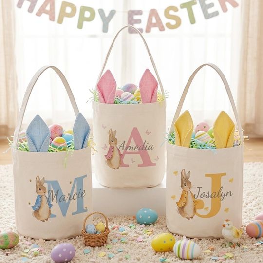 Personalized Monogram Easter Bunny Basket with Kids Name -  Baby Easter Bags Gifts for Kids