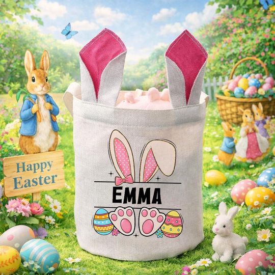 Personalized Bunny Ears Easter Bucket Bag, Custom Name Easter Egg Hunt Basket
