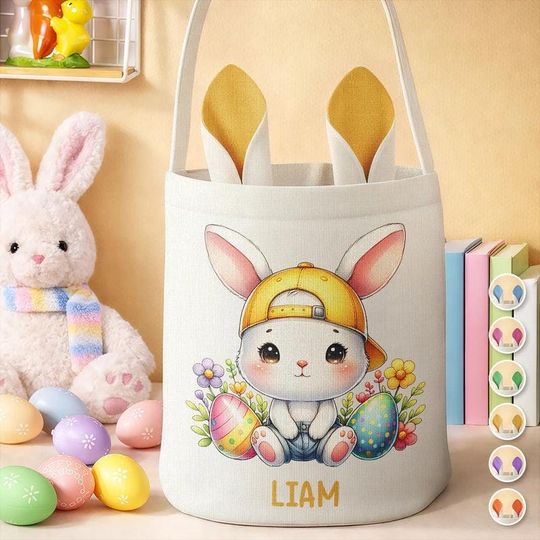 Personalized Easter Bunny Ears Bucket Bag, Custom Name Canvas Easter Basket, Kids Holiday Gift