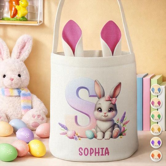Personalized Easter Bunny Ears Bucket Bag, Custom Name Monogram Canvas Basket, Kid Holiday Gift Tote