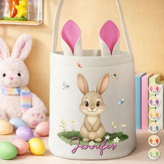 Personalized Easter Bunny Ears Bucket Bag, Custom Name Canvas Easter Basket, Toddler Bunny Bag, Personalized Gift