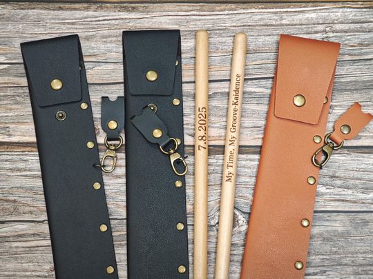 Discover Personalized Walnut Drumsticks with Vintage Leather Sleeve - Engraved Gift
