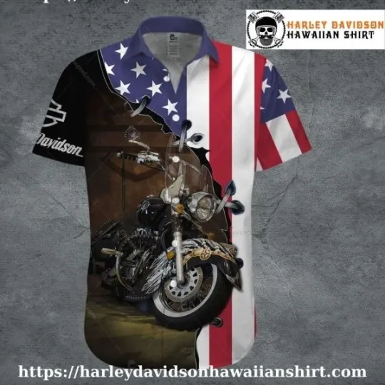 Discover Classic Motorcycle USA Flag Harley Motor Racing Davidsonn Aloha Shirt for Men