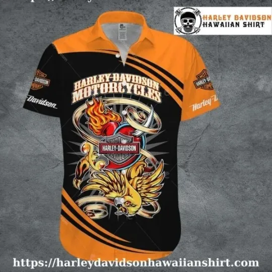 Discover Fiery Heart Eagle Harley Motor Racing Davidsonn Hawaiian Shirt for Men