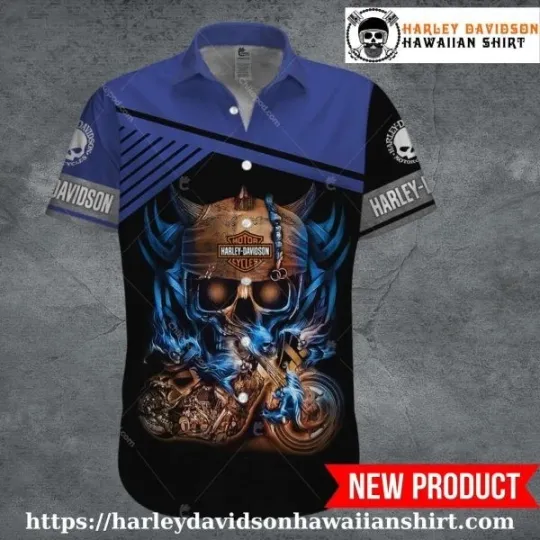 Discover Blue Viking Skull Harley Motor Racing Davidsonn Hawaiian Shirt