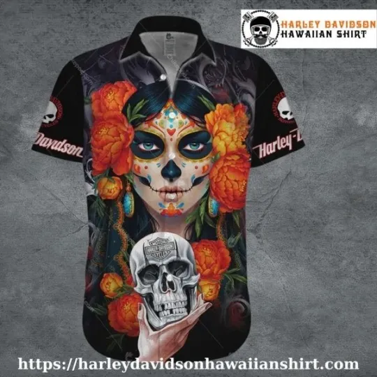 Discover Colorful Dia de los Muertos Harley Motor Racing Davidsonn Aloha Shirt