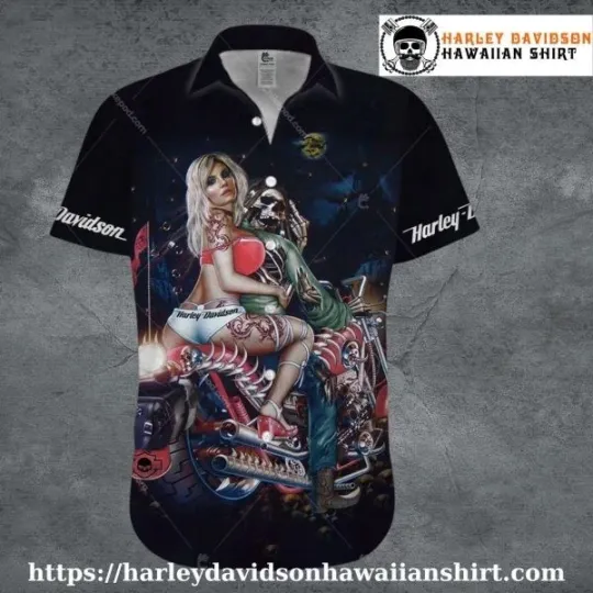 Discover Biker Couple Art Harley Motor Racing Davidsonn Hawaiian Shirt for Women