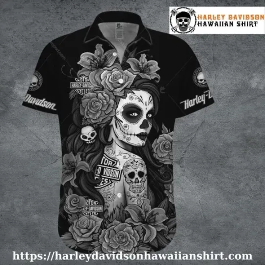 Discover Day of the Dead Rose Skull Harley Motor Racing Davidsonn Hawaiian Shirt