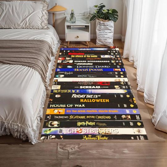 Discover Classic Movie VHS Rug, Retro Cinema Pop Culture Decor, Washable Non Slip