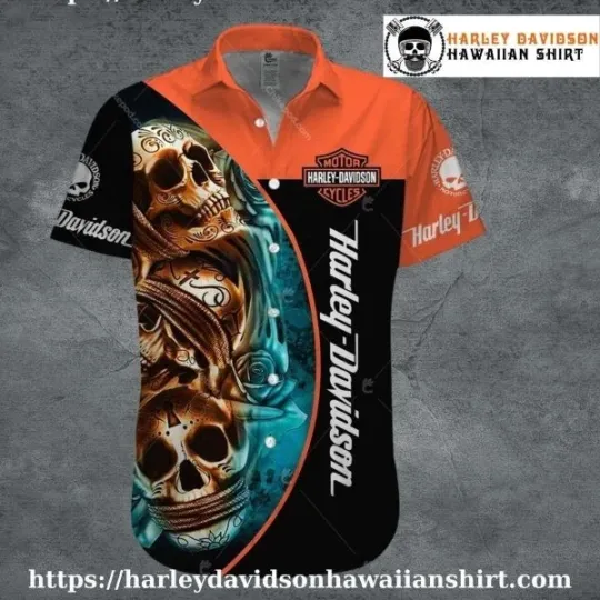 Discover Dual Skull Flame Harley Motor Racing Davidsonn Hawaiian Shirt Men