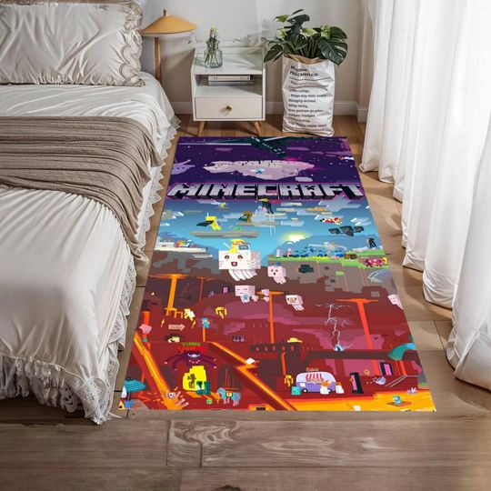 Discover Pixel Block Fantasy World Area Rug with Game Inspired Characters and Floating Island Scene Washable Rug Non slip
