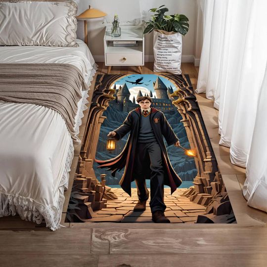 Discover Wizard Journey Fantasy Area Rug, Magical Castle Scene, Dark Fantasy Character Design, Cinematic Art Floor Rug, Washable Rug