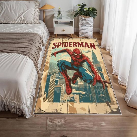 Discover Spider Man Kids Rug, Washable Superhero Area Rug for Gaming Room, Cartoon Bedroom Floor Mat