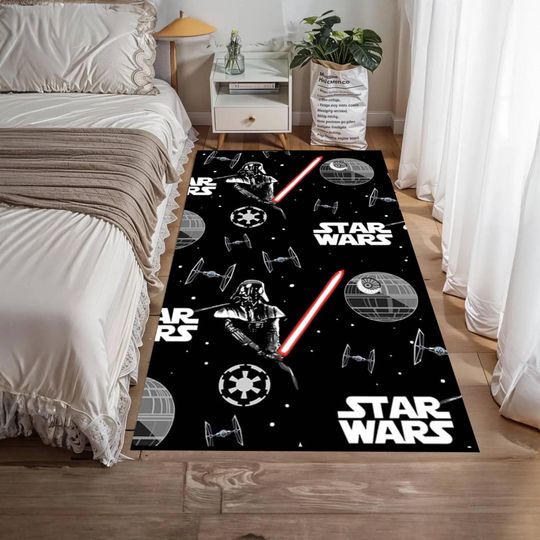 Discover Dark Space Warrior Area Rug with Galaxy Battle Pattern, Black Sci-Fi Carpet for Kids Bedroom, Gaming Room or Teen Decor