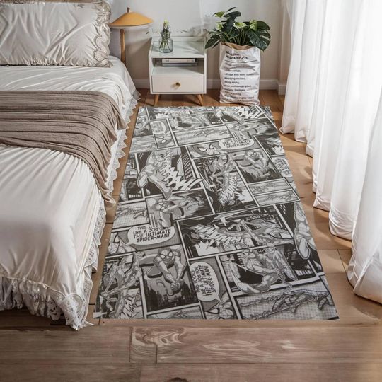 Discover Spiderman Comic Panel Rug, Black and White Superhero Carpet
